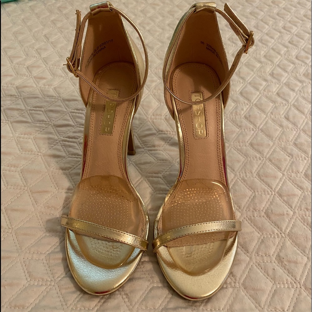 NWOT - Topshop Gold Sandals. 4” heel. Worn for photoshoot only.